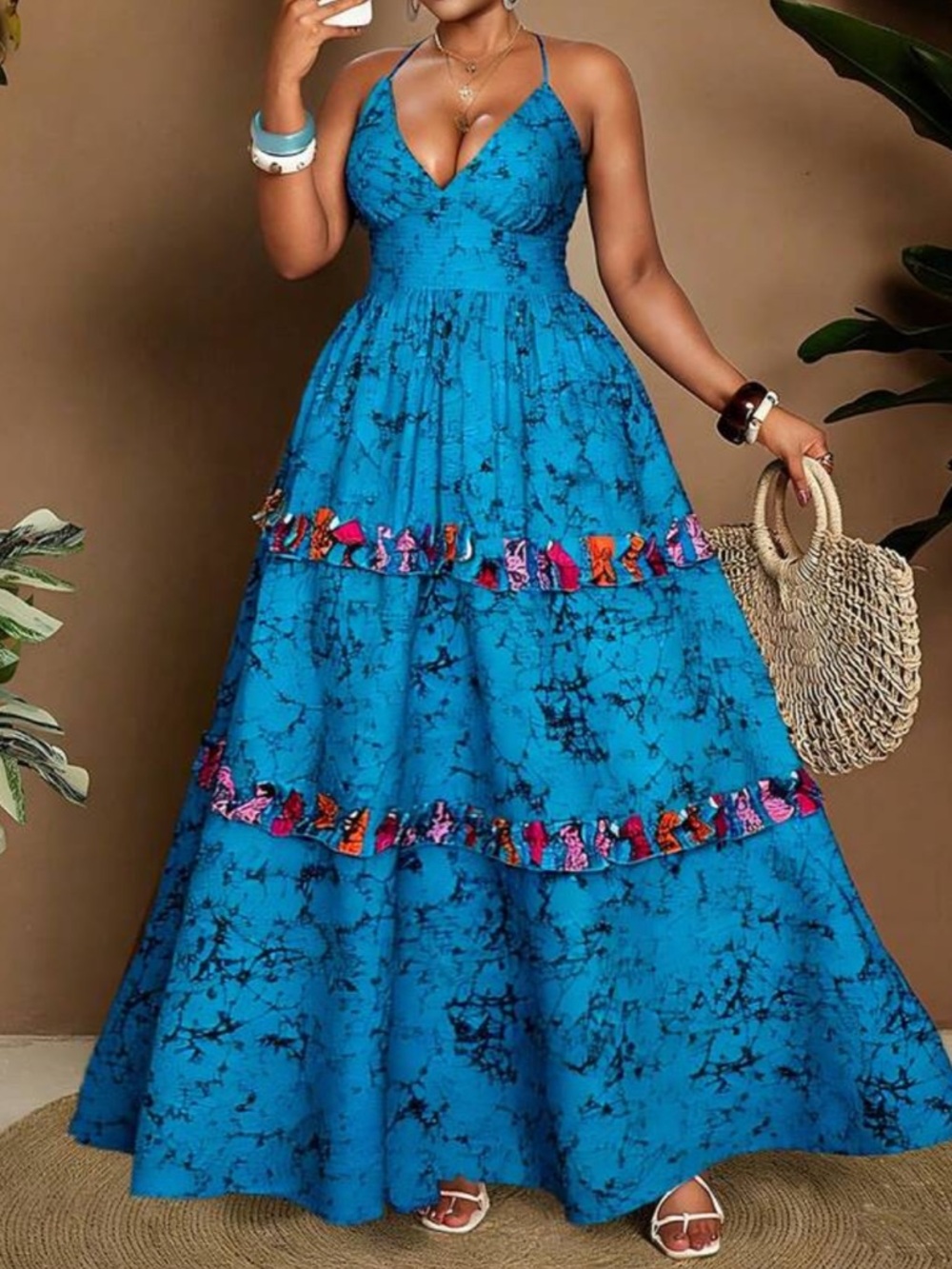 Plus Size Boho Blue Tie-Dye Print Spaghetti Strap Smocked Maxi Dress